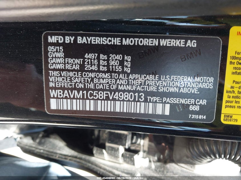 2015 BMW X1 VIN WBAVM1C58FV498013 IAAI salvage auction — FRONT END, Wait Title, sold $375 on 2026-09-07 (photo 9)