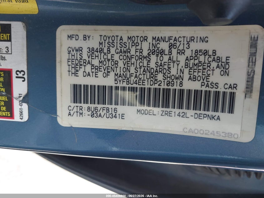 2013 Toyota Corolla VIN 5YFBU4EE1DP210918 IAAI salvage auction — NORMAL WEAR, Original (Texas), sold $1,625 on 2026-07-21 (photo 9)