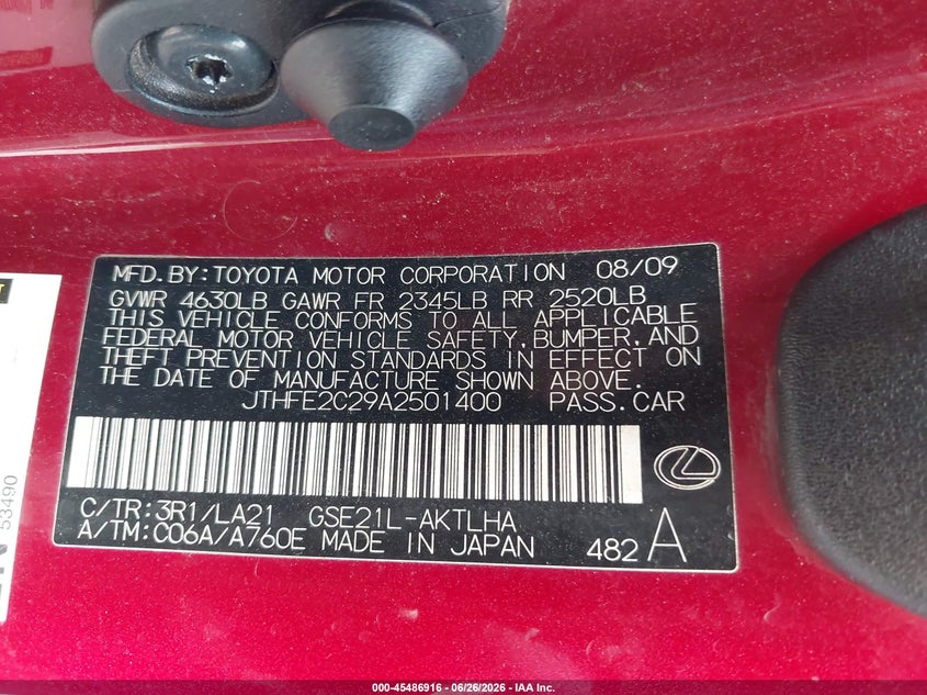 2010 Lexus Is VIN JTHFE2C29A2501400 IAAI salvage auction — NORMAL WEAR, Rebuilt -  Public Restricted (Oklahoma), sold $200 on 2026-07-22 (photo 9)