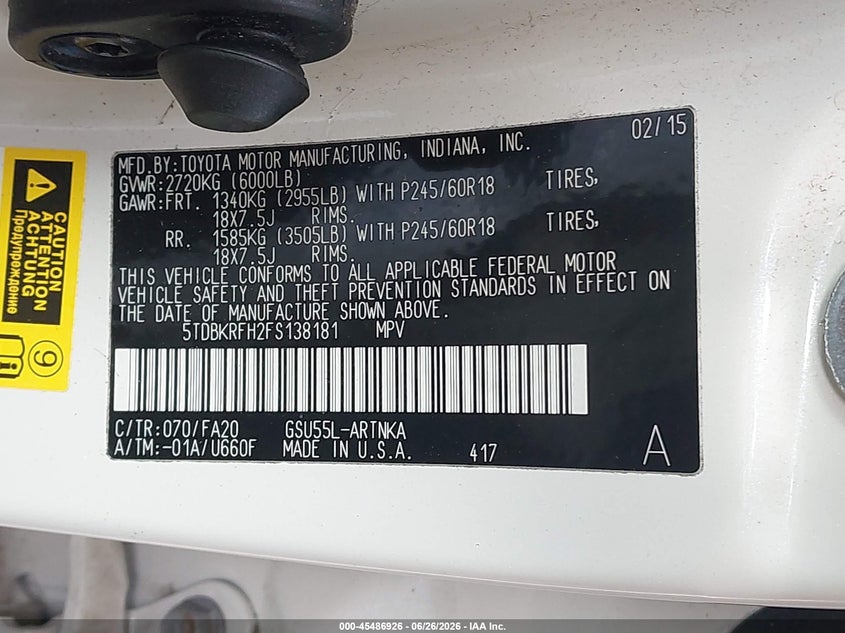 2015 Toyota Highlander VIN 5TDBKRFH2FS138181 IAAI salvage auction — SIDE, Bill Of Sale (Washington), sold $5,200 on 2026-07-22 (photo 9)