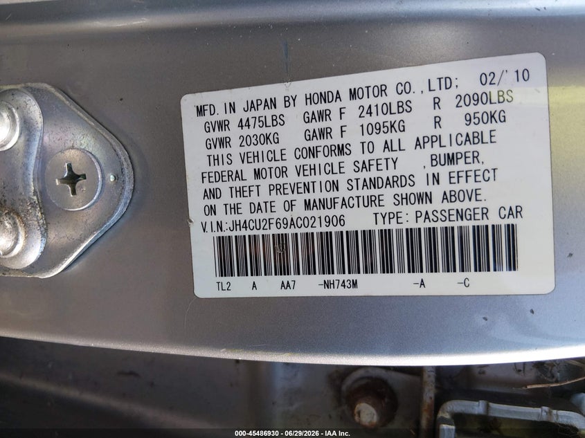 2010 Acura Tsx VIN JH4CU2F69AC021906 IAAI salvage auction — NORMAL WEAR, Clear (New Jersey), sold $450 on 2026-07-21 (photo 9)