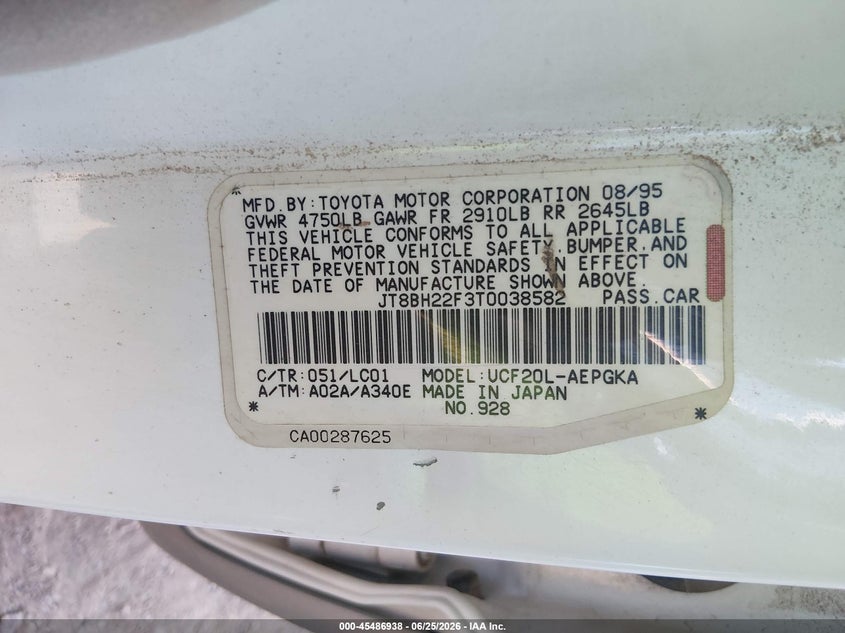 1996 Lexus Ls 400 VIN JT8BH22F3T0038582 IAAI salvage auction — NORMAL WEAR, Clear-Dealer Only (Arizona), sold $425 on 2026-07-14 (photo 9)