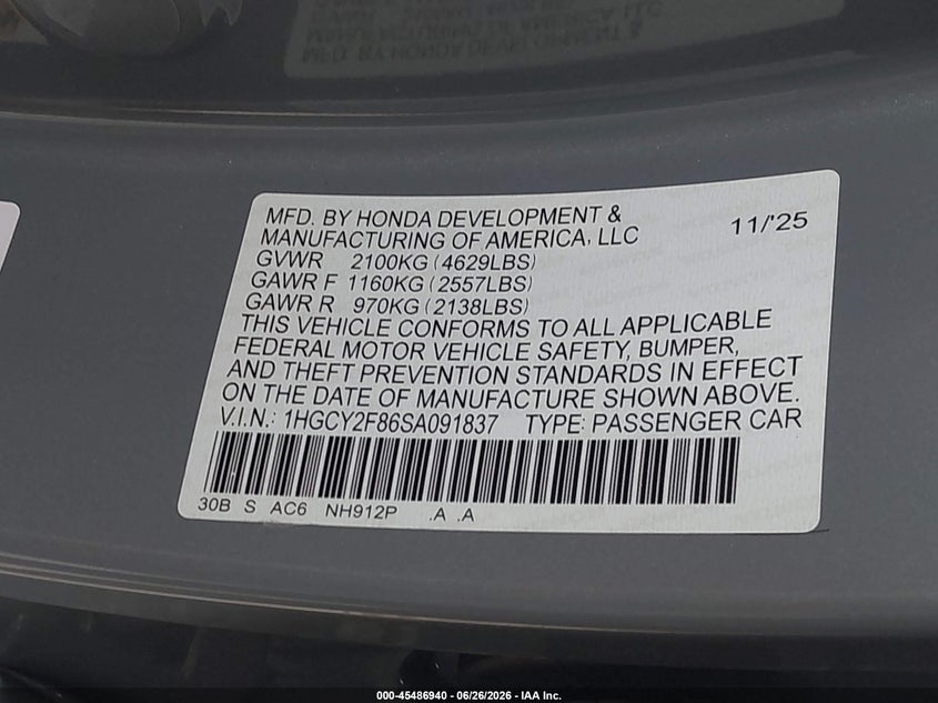 2025 Honda Accord VIN 1HGCY2F86SA091837 IAAI salvage auction — FRONT END, Bill Of Sale (Washington), sold $15,000 on 2026-07-29 (photo 9)