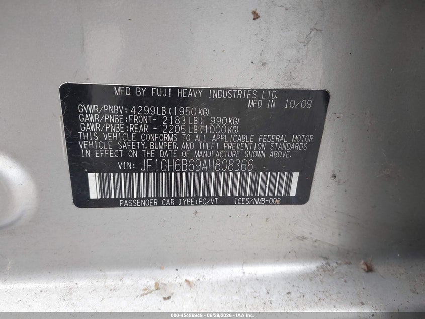 2010 Subaru Impreza VIN JF1GH6B69AH808366 IAAI salvage auction — NORMAL WEAR, Clear (Washington), sold $500 on 2026-07-08 (photo 9)