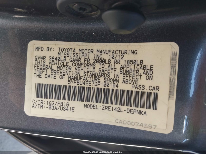 2013 Toyota Corolla VIN 5YFBU4EE7DP100164 IAAI salvage auction — NORMAL WEAR, Clear - Dealer Only (California), sold $1,600 on 2026-07-14 (photo 9)