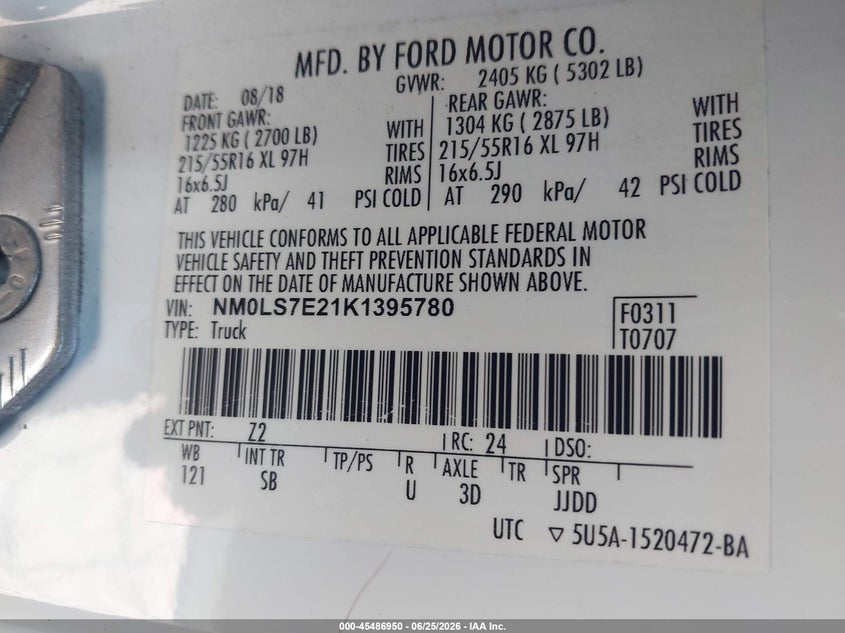 2019 Ford Transit VIN NM0LS7E21K1395780 IAAI salvage auction — TRANSMISSION, Clear (Florida), sold $3,250 on 2026-07-28 (photo 9)
