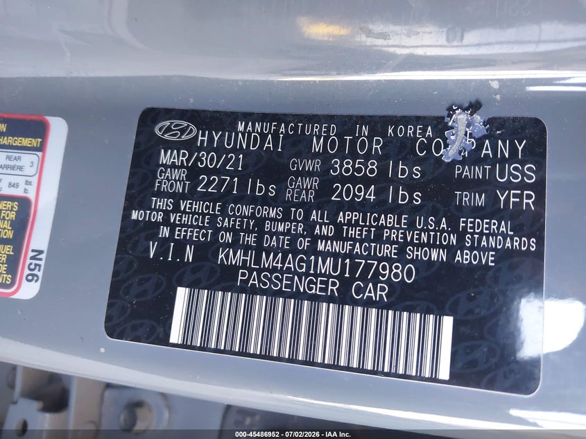 2021 Hyundai Elantra VIN KMHLM4AG1MU177980 IAAI salvage auction — NORMAL WEAR, Salvage (California), sold $2,925 on 2026-07-28 (photo 9)
