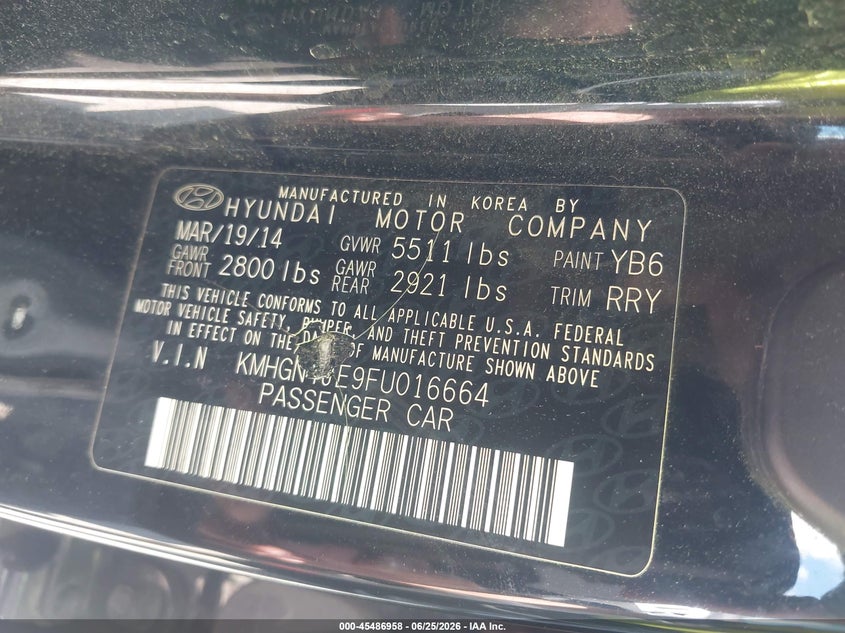 2015 Hyundai Genesis VIN KMHGN4JE9FU016664 IAAI salvage auction — NORMAL WEAR, Clear (Illinois), sold $1,300 on 2026-07-20 (photo 9)