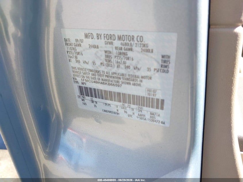 2008 Ford Escape hybrid VIN 1FMCU49H48KB66597 IAAI salvage auction — UNKNOWN, Salvage (California), sold $425 on 2026-07-19 (photo 9)
