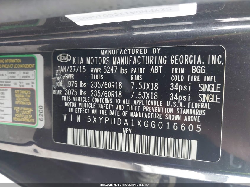 2016 Kia Sorento VIN 5XYPHDA1XGG016605 IAAI salvage auction — NORMAL WEAR, Clear (Georgia), sold $1,575 on 2026-07-29 (photo 9)