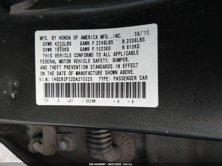 2013 Honda Accord VIN 1HGCR2F32DA270025 IAAI salvage auction — NORMAL WEAR, Salvage (California), sold $2,150 on 2026-07-09 (photo 9)