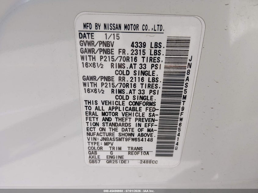 2015 Nissan Rogue VIN JN8AS5MT9FW654148 IAAI salvage auction — LEFT FRONT, Salvage (California), sold $625 on 2026-07-10 (photo 9)