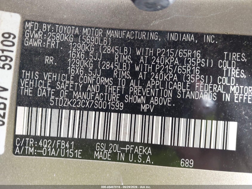 2007 Toyota Sienna VIN 5TDZK23CX7S001599 IAAI salvage auction — NORMAL WEAR, Clear (North Carolina), sold $1,050 on 2026-07-16 (photo 9)