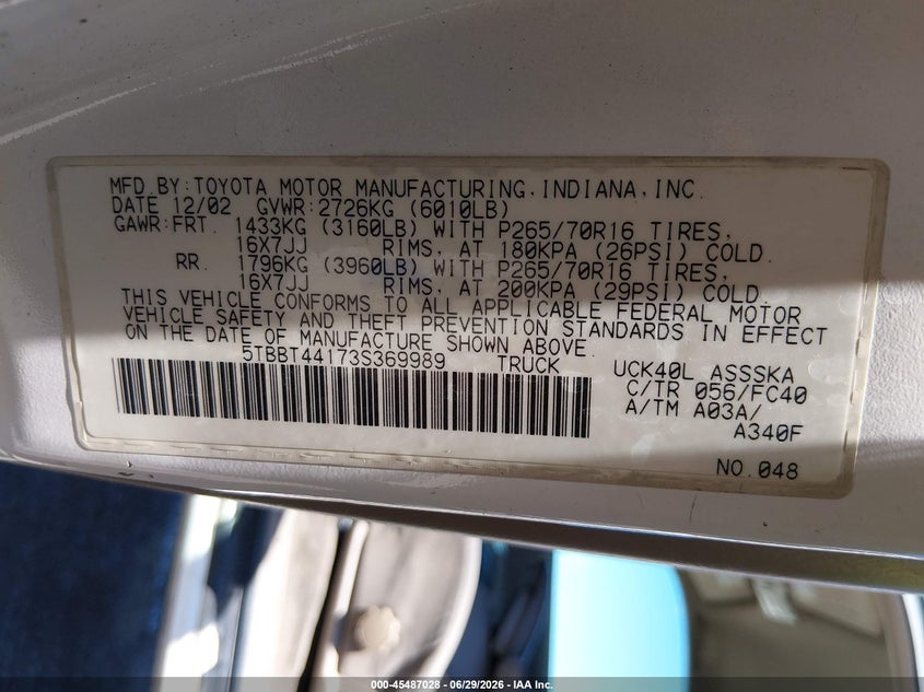 2003 Toyota Tundra VIN 5TBBT44173S369989 IAAI salvage auction — NORMAL WEAR, Clear (Nevada), sold $25 on 2026-07-24 (photo 9)