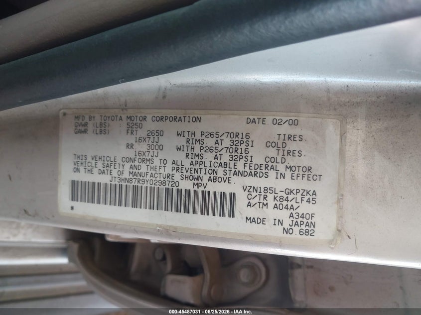 2000 Toyota 4runner VIN JT3HN87R9Y0298720 IAAI salvage auction — ELECTRICAL, Clear (Arizona), sold $1,600 on 2026-07-28 (photo 9)