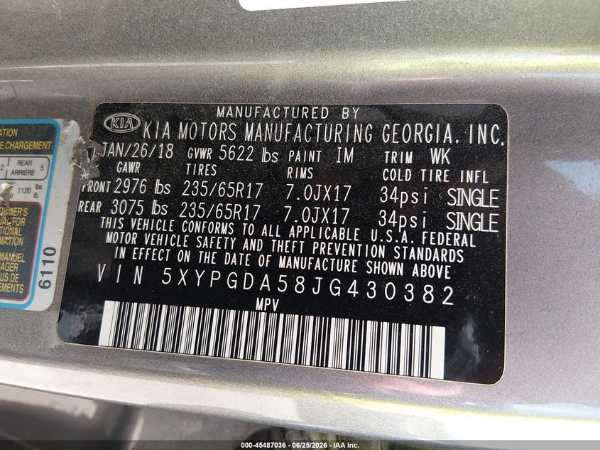 2018 Kia Sorento VIN 5XYPGDA58JG430382 IAAI salvage auction — NORMAL WEAR, Clear (Massachusetts), sold $1,600 on 2026-07-28 (photo 9)