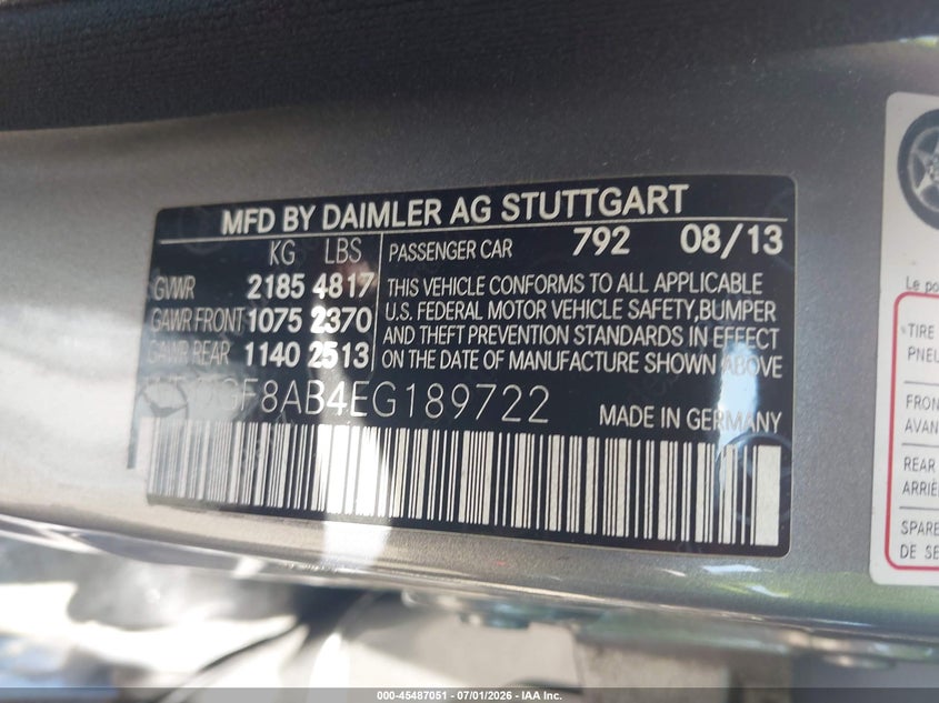 2014 Mercedes-benz VIN WDDGF8AB4EG189722 IAAI salvage auction — REAR END, Salvage Title, sold $2,325 on 2026-07-24 (photo 9)