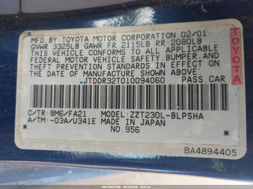 2001 Toyota Celica VIN JTDDR32T010094060 IAAI salvage auction — NORMAL WEAR, Clear - Dealer Only (California), sold $100 on 2026-07-08 (photo 9)