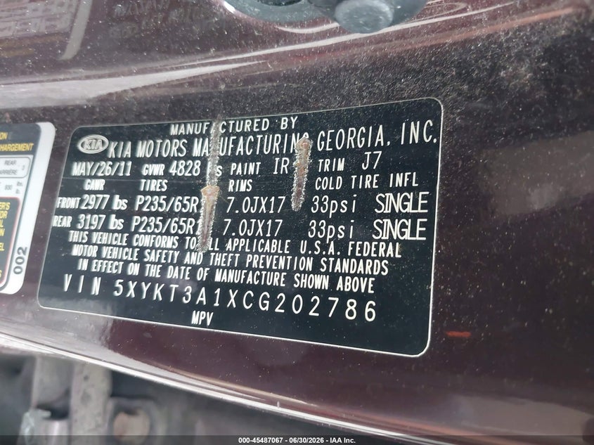 2012 Kia Sorento VIN 5XYKT3A1XCG202786 IAAI salvage auction — NORMAL WEAR, Clear (New Jersey), sold $725 on 2026-07-06 (photo 9)