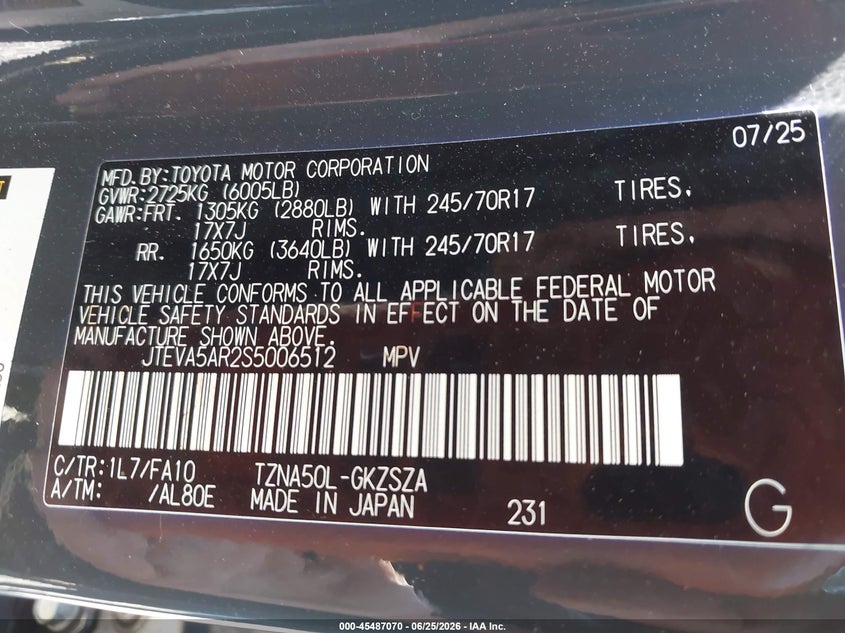 2025 Toyota 4runner VIN JTEVA5AR2S5006512 IAAI salvage auction — LEFT FRONT, Salvage (Tennessee), sold $275 on 2026-07-30 (photo 9)