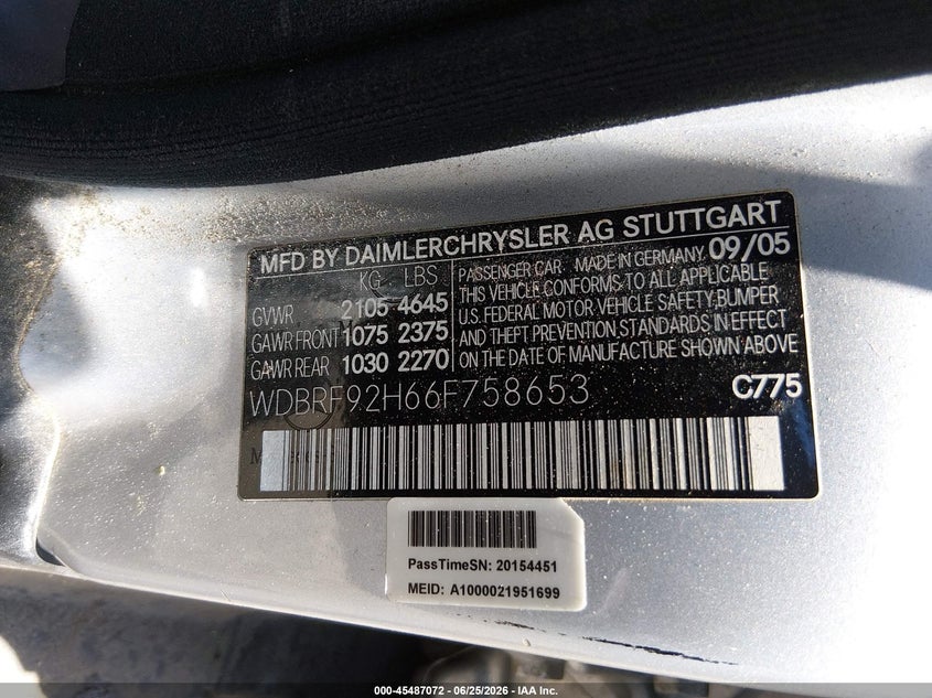 2006 Mercedes-benz C class VIN WDBRF92H66F758653 IAAI salvage auction — REAR END, Bill Of Sale (New York), sold $25 on 2026-07-28 (photo 9)