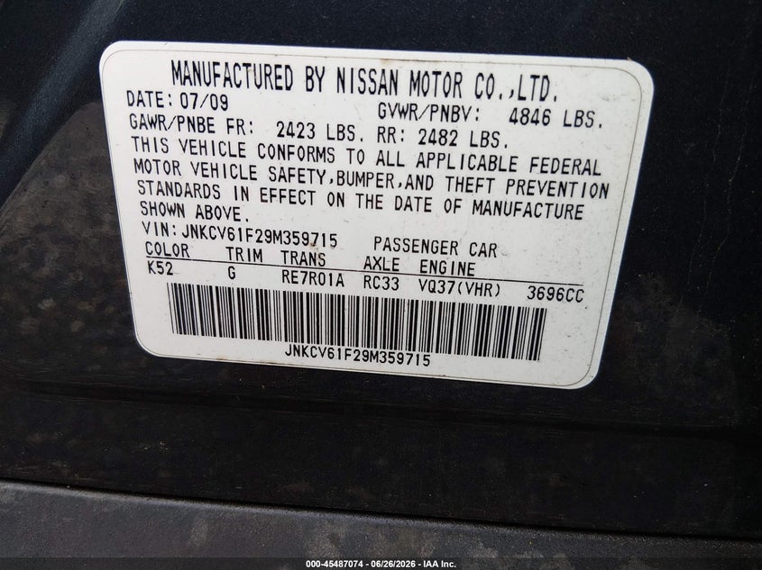 2009 Infiniti G37 VIN JNKCV61F29M359715 IAAI salvage auction — UNKNOWN, Bill Of Sale (New York), sold $275 on 2026-07-28 (photo 9)