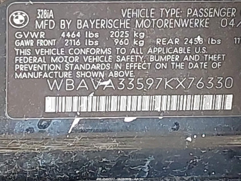 2007 BMW 3 series VIN WBAVA33597KX76330 IAAI salvage auction — FRONT & REAR, Bill Of Sale (New York), sold $25 on 2026-07-28 (photo 9)
