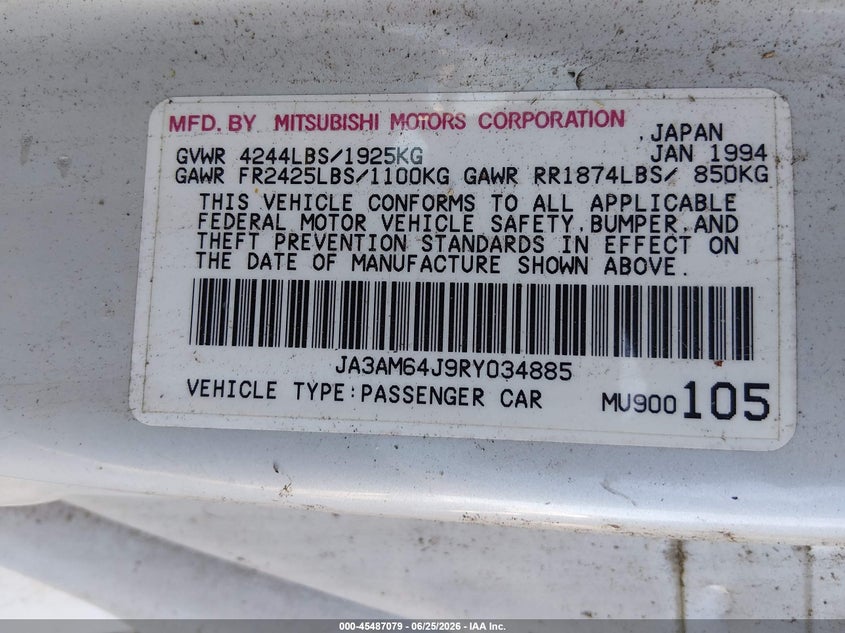 1994 Mitsubishi 3000 gt VIN JA3AM64J9RY034885 IAAI salvage auction — UNKNOWN, Bill Of Sale (New York), sold $75 on 2026-07-28 (photo 9)
