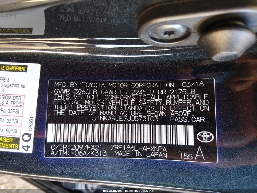 2018 Toyota Corolla VIN JTNKARJE7JJ573103 IAAI salvage auction — REAR END, Salvage (Arizona), sold $2,050 on 2026-07-28 (photo 9)