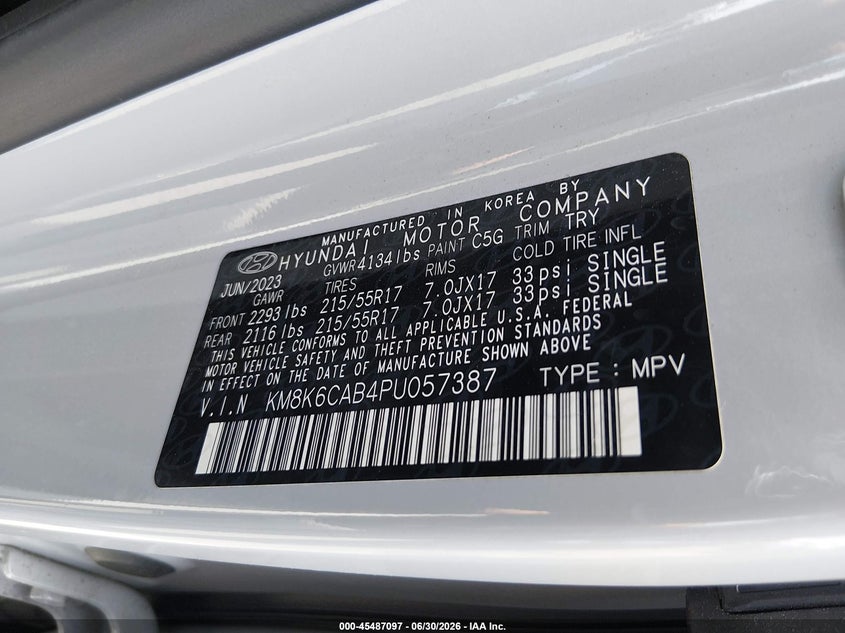 2023 Hyundai Kona VIN KM8K6CAB4PU057387 IAAI salvage auction — RIGHT FRONT, Salvage Title, sold $2,550 on 2026-07-23 (photo 9)
