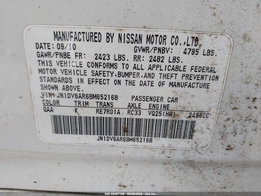 2011 Infiniti G25 VIN JN1DV6AR6BM652168 IAAI salvage auction — NORMAL WEAR, Clear (Washington), sold $325 on 2026-07-15 (photo 9)