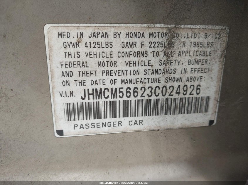 2003 Honda Accord VIN JHMCM56623C024926 IAAI salvage auction — NORMAL WEAR, Clear (Washington), sold $3,000 on 2026-07-08 (photo 9)