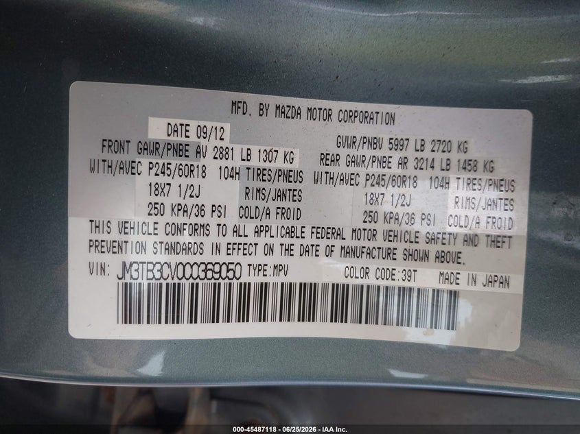 2012 Mazda Cx-9 VIN JM3TB3CV0C0369050 IAAI salvage auction — NORMAL WEAR, Clear (Florida), sold $325 on 2026-07-09 (photo 9)
