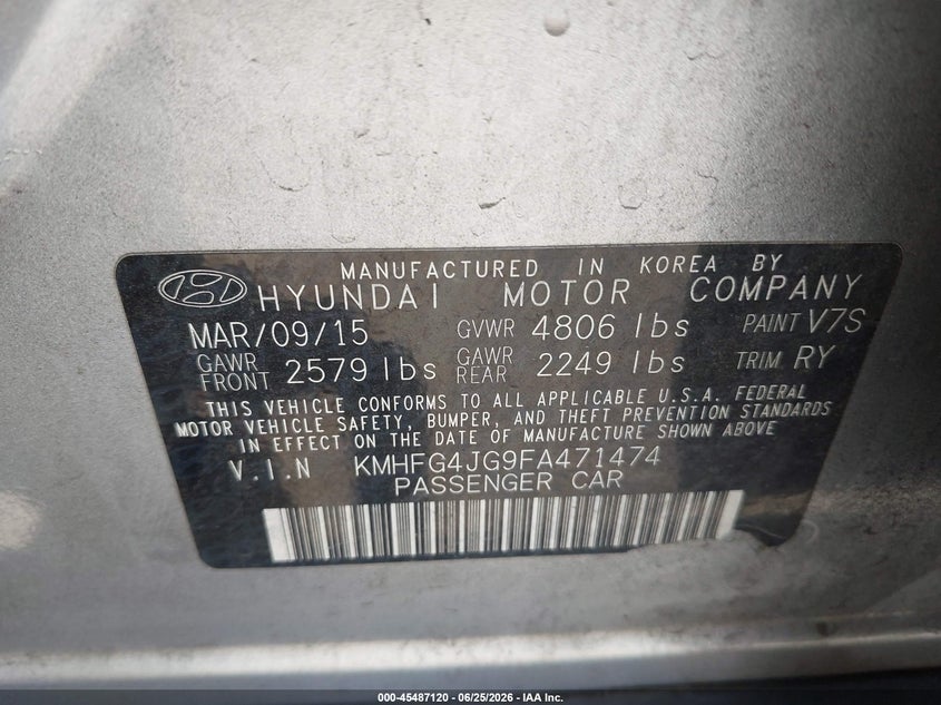2015 Hyundai Azera VIN KMHFG4JG9FA471474 IAAI salvage auction — NORMAL WEAR, Clear - Dealer Only (California), sold $600 on 2026-07-28 (photo 9)
