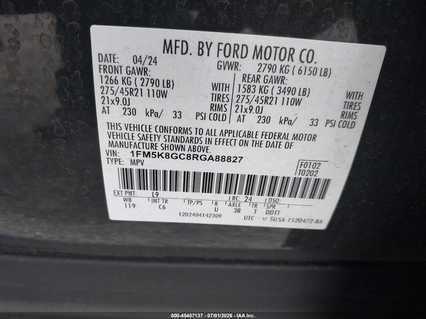 2024 Ford Explorer VIN 1FM5K8GC8RGA88827 IAAI salvage auction — UNDERCARRIAGE, Rebuildable (Florida), sold $8,100 on 2026-07-30 (photo 9)