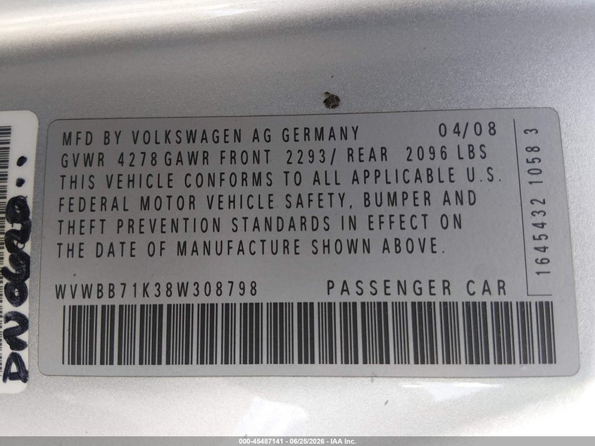 2008 Volkswagen Golf VIN WVWBB71K38W308798 IAAI salvage auction — NORMAL WEAR, Clear (Nevada), sold $500 on 2026-07-10 (photo 9)
