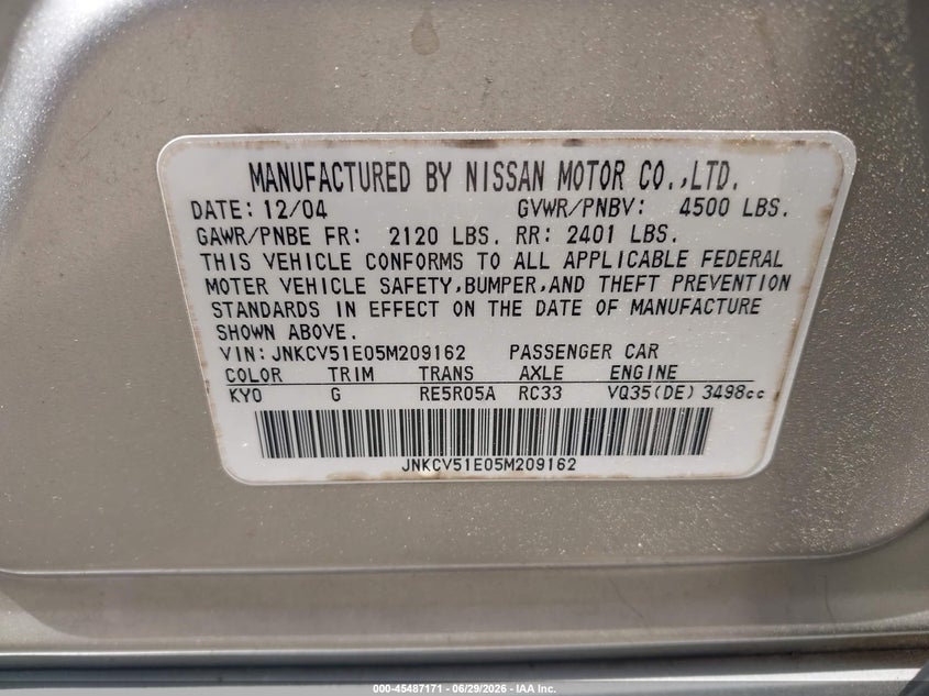 2005 Infiniti G35 VIN JNKCV51E05M209162 IAAI salvage auction — NORMAL WEAR, Repossession Paperwork (Georgia), sold $225 on 2026-07-16 (photo 9)