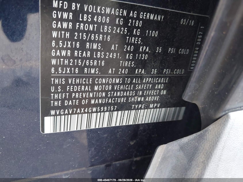 2016 Volkswagen Tiguan VIN WVGAV7AX4GW599157 IAAI salvage auction — LEFT FRONT, Original (Texas), sold $2,700 on 2026-08-05 (photo 9)