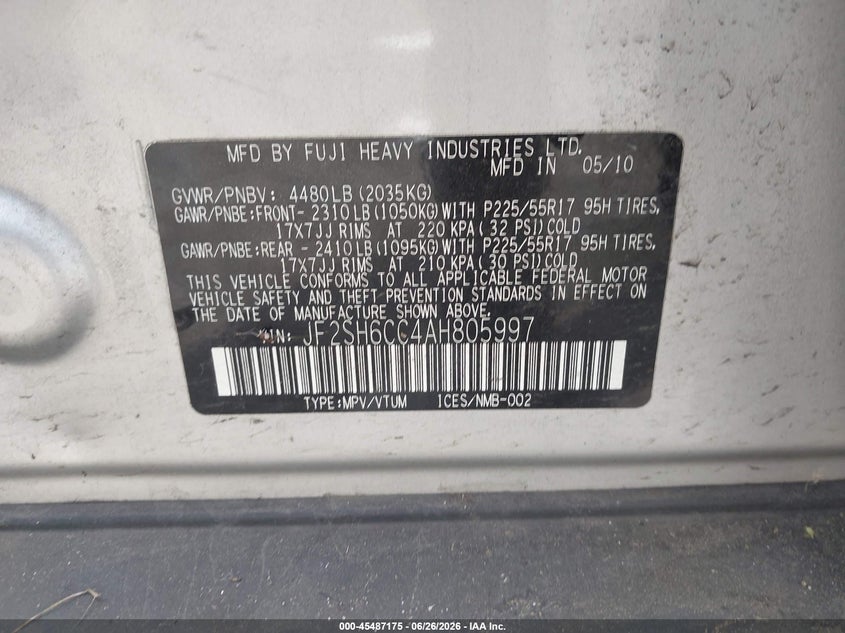 2010 Subaru Forester VIN JF2SH6CC4AH805997 IAAI salvage auction — NORMAL WEAR, Clear (Washington), sold $575 on 2026-07-08 (photo 9)