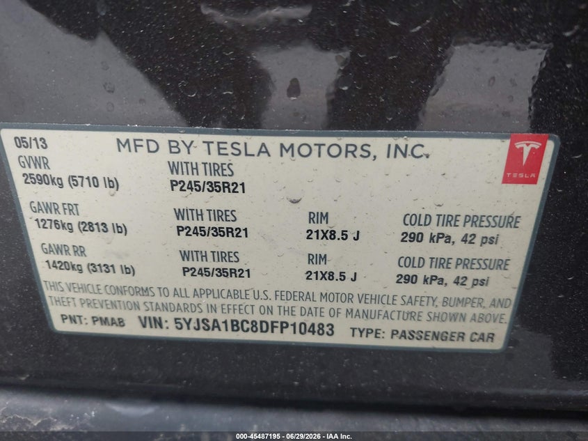 2013 Tesla Model s VIN 5YJSA1BC8DFP10483 IAAI salvage auction — REAR END, Clear (California), sold $200 on 2026-07-22 (photo 9)