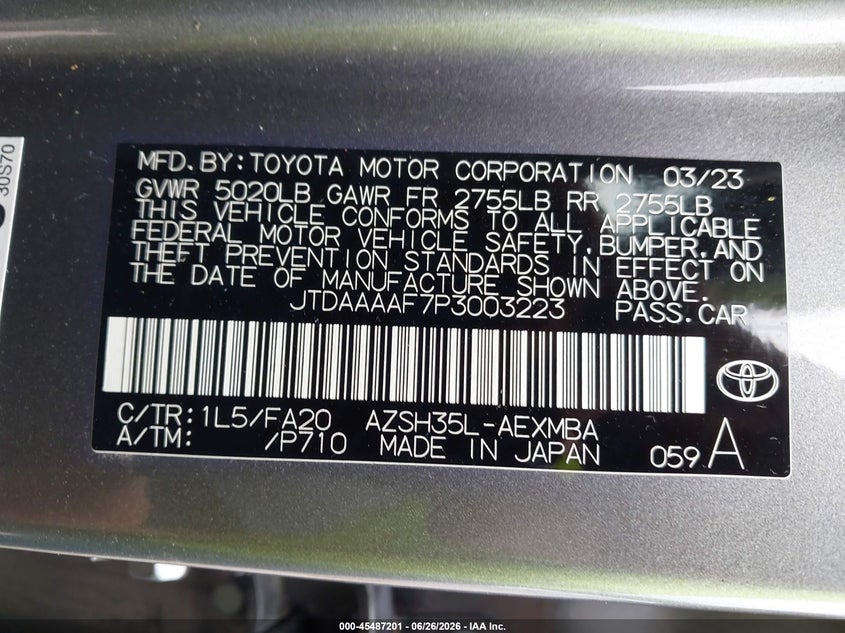 2023 Toyota Crown VIN JTDAAAAF7P3003223 IAAI salvage auction — STORM DAMAGE, Salvage (Indiana), sold $16,000 on 2026-07-23 (photo 9)