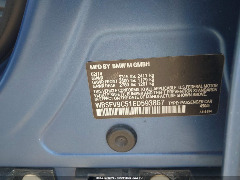 2014 BMW M5 VIN WBSFV9C51ED593867 IAAI salvage auction — LEFT SIDE, Salvage Title, sold $13,075 on 2026-08-18 (photo 9)