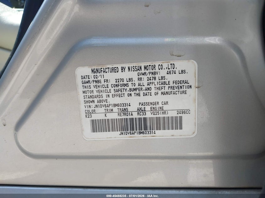 2011 Infiniti G25 VIN JN1DV6AP1BM603314 IAAI salvage auction — RIGHT FRONT, Salvage (Tennessee), sold $1,200 on 2026-07-14 (photo 9)