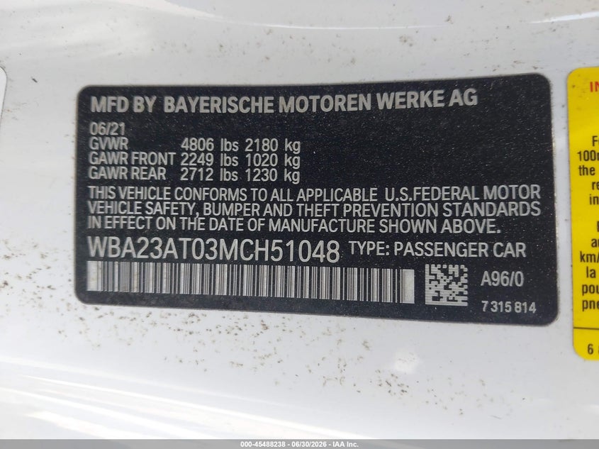 2021 BMW 4er VIN WBA23AT03MCH51048 IAAI salvage auction — RIGHT FRONT, Wait Title, sold $14,700 on 2026-08-07 (photo 9)
