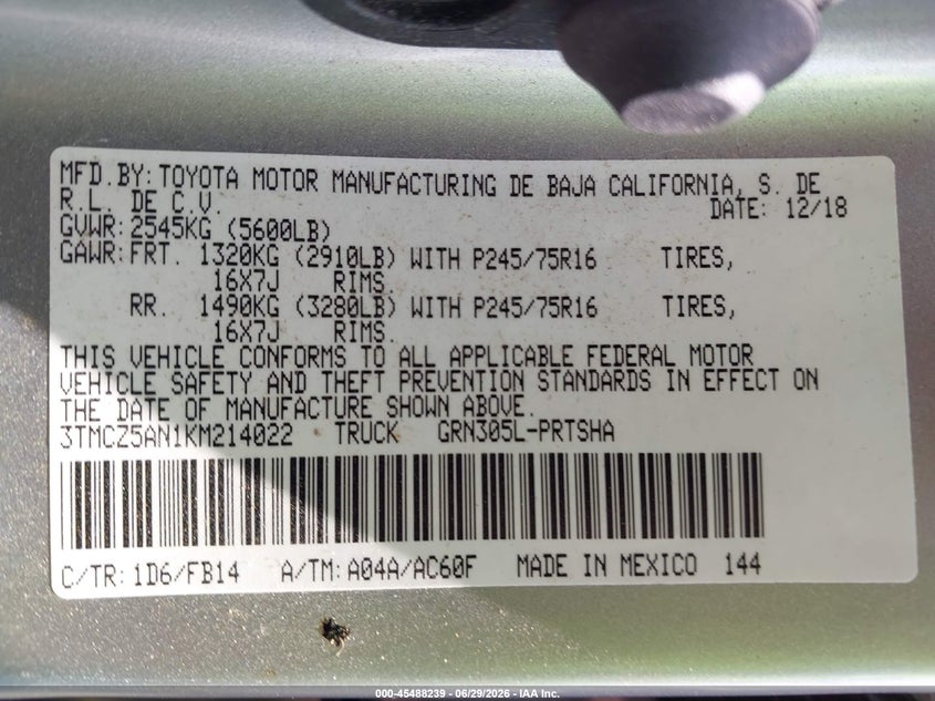 2019 Toyota Tacoma VIN 3TMCZ5AN1KM214022 IAAI salvage auction — SIDE, Salvage (Ohio), sold $10,100 on 2026-07-10 (photo 9)
