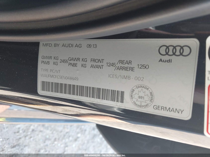 2014 Audi A6 VIN WAUFMCFC5EN048649 IAAI salvage auction — FRONT & REAR, Rebuildable (Florida), sold $525 on 2026-07-23 (photo 9)