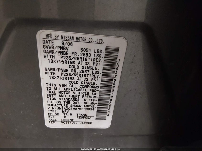2007 Nissan Murano VIN JN8AZ08W07W608034 IAAI salvage auction — FRONT END, Parts Only Bos (Minnesota), sold $275 on 2026-07-28 (photo 9)