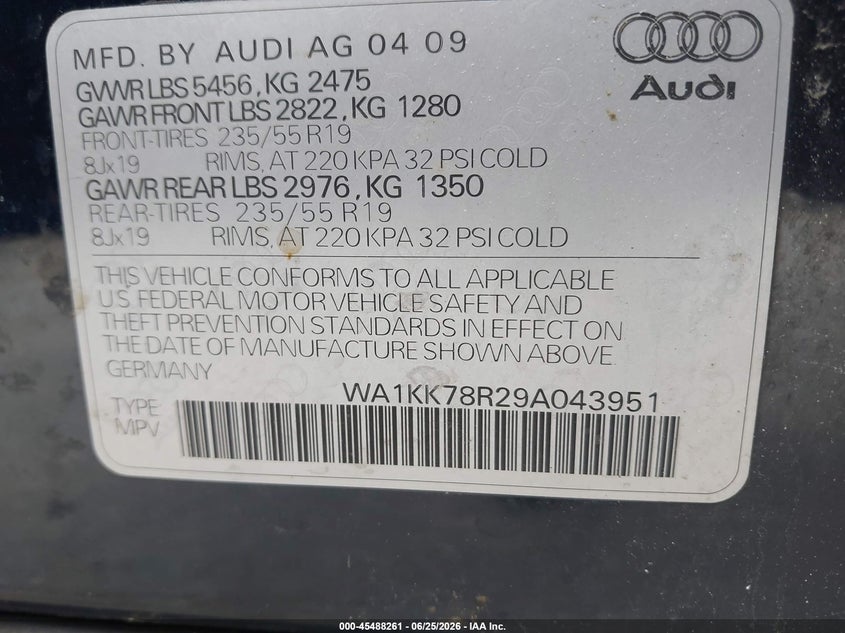 2009 Audi Q5 VIN WA1KK78R29A043951 IAAI salvage auction — NORMAL WEAR, Clear (Massachusetts), sold $850 on 2026-07-17 (photo 9)