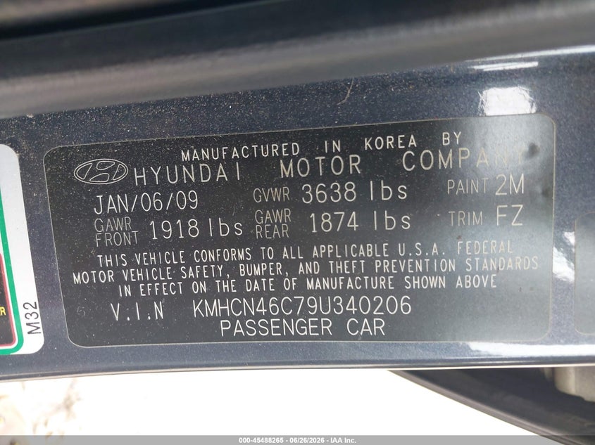 2009 Hyundai Accent VIN KMHCN46C79U340206 IAAI salvage auction — FRONT END, Salvage (Idaho), sold $25 on 2026-07-21 (photo 9)