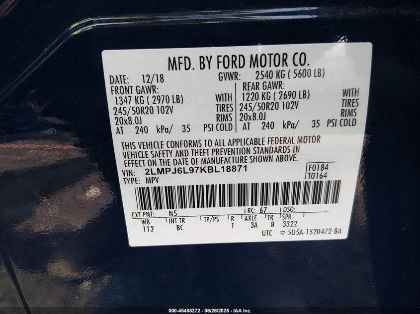 2019 Lincoln Nautilus VIN 2LMPJ6L97KBL18871 IAAI salvage auction — FRONT END, Salvage (Oklahoma), sold $1,100 on 2026-07-31 (photo 9)